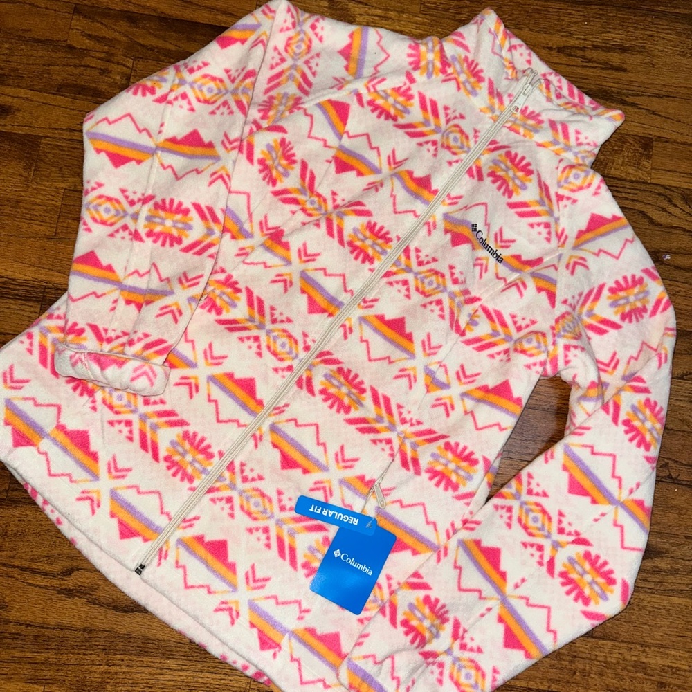 Columbia Women's Pink and Orange Patterned Fleece Hoodie